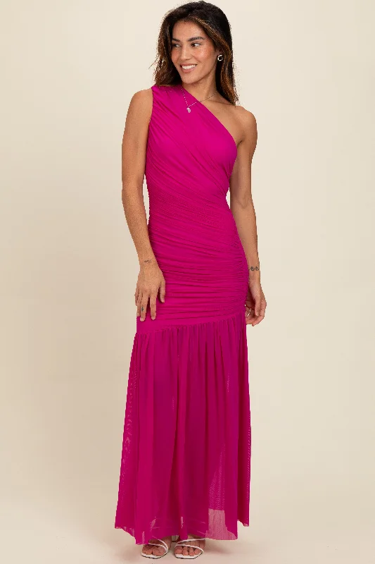 Magenta Ruched Mesh One Shoulder Maxi Dress Comfortable Cotton Maxi Dress