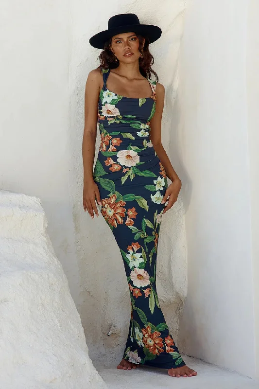 Mairo Maxi Dress - Black Floral Fashionable Maxi Dress with Fringe