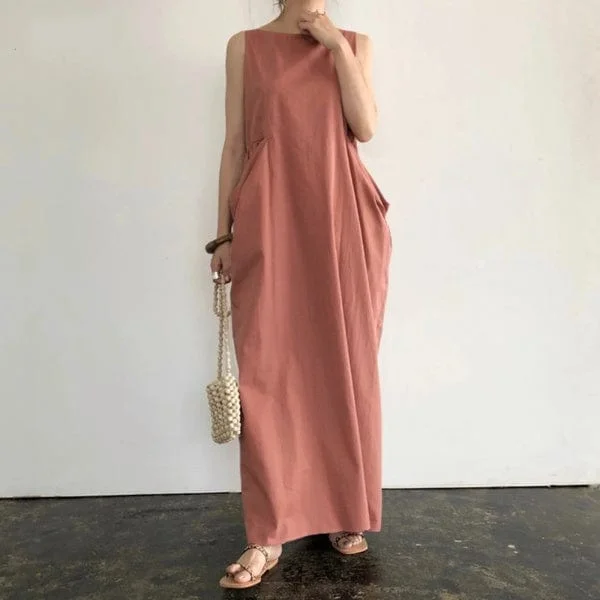 Mara Sleeveless Solid Maxi Dress Trendy Button Front Maxi Dress