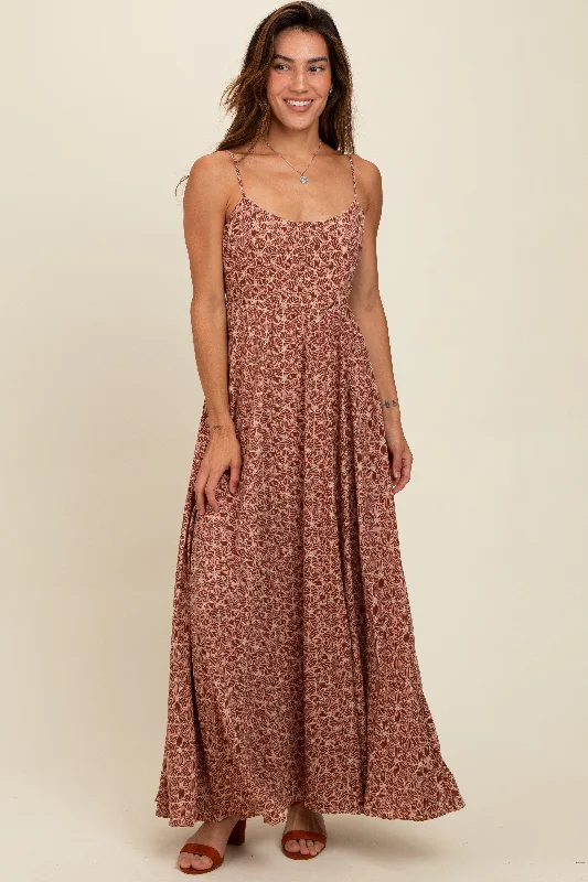 Mauve Floral Cutout Tie Back Maxi Dress Stylish Boho Chic Maxi Dress