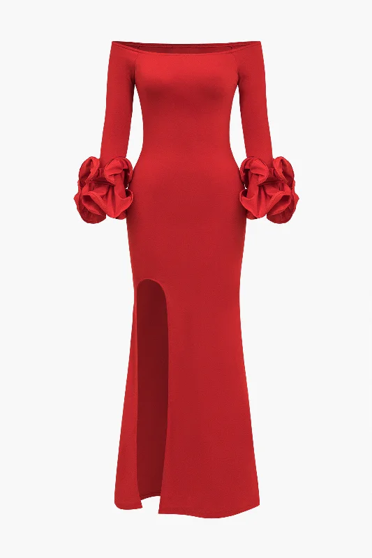Solid  Off Shoulder Side Slit Maxi Dress Trendy Maxi Dress with Straps