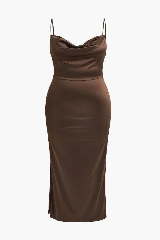 Plus Size Satin Slip Draped Cowl Neck Maxi Dress Trendy Short Sleeve Maxi Dress