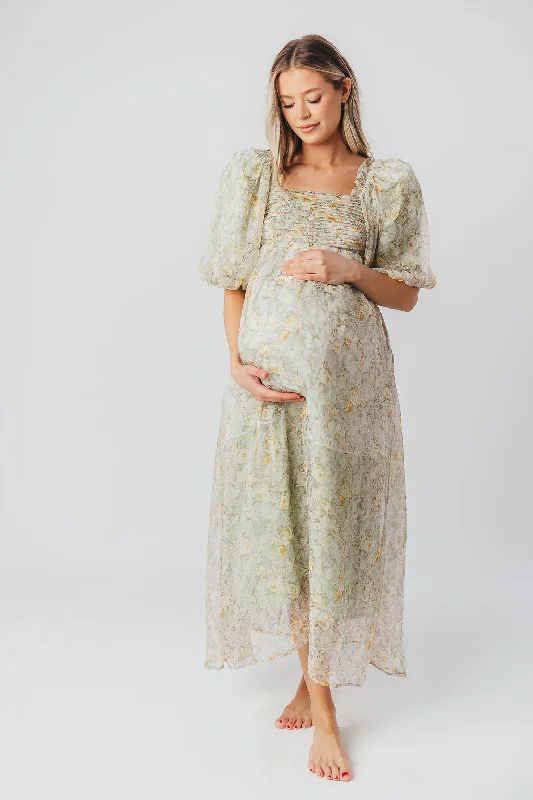 Melody Maxi Dress with Pleats and Bow Detail in Sage Floral - Bump Friendly & Inclusive Sizing (S-3XL) Comfortable Maxi Dress with Sleeves Melody Maxi Dress with Pleats and Bow Detail in Sage Floral - Bump Friendly & Inclusive Sizing (S-3XL) Comfortable Maxi Dress with Sleeves