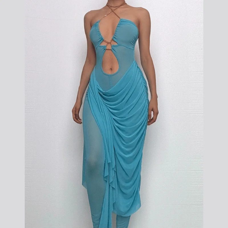 Metal chain halter ruched sheer mesh hollow out cut out maxi dress Classic Solid Maxi Dress Metal chain halter ruched sheer mesh hollow out cut out maxi dress Classic Solid Maxi Dress