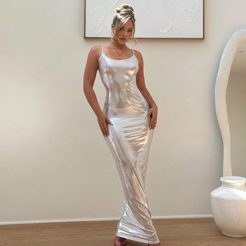 Metallic Coated Fabric Sleeveless Sexy Strap Slim Fit Maxi Dress Comfortable T-Shirt Maxi Dress Metallic Coated Fabric Sleeveless Sexy Strap Slim Fit Maxi Dress Comfortable T-Shirt Maxi Dress
