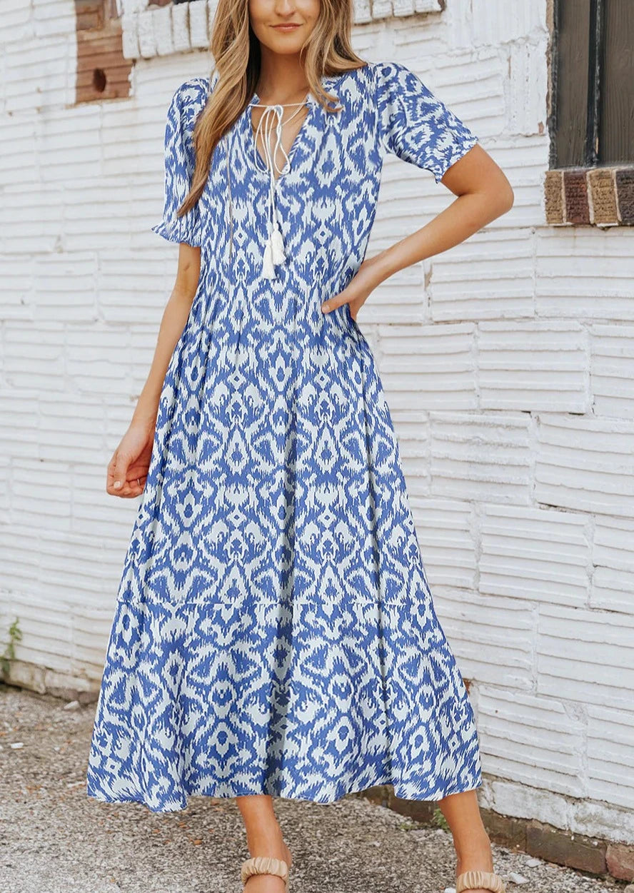 Blue Waves Print Maxi Dress Cozy Ruffle Sleeve Maxi Dress