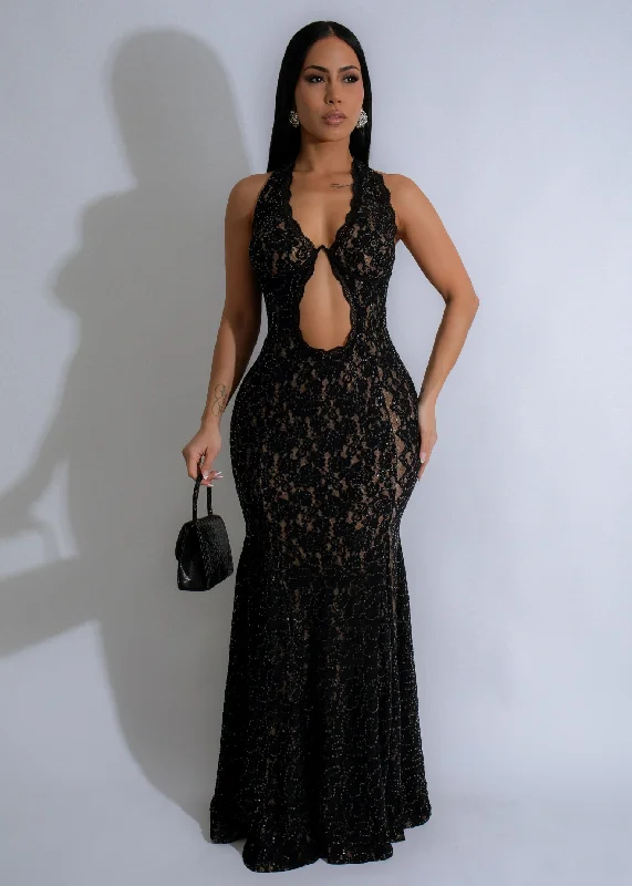 Mystic Lace Sequin Lace Maxi Dress Black Stylish Maxi Dress with Frills