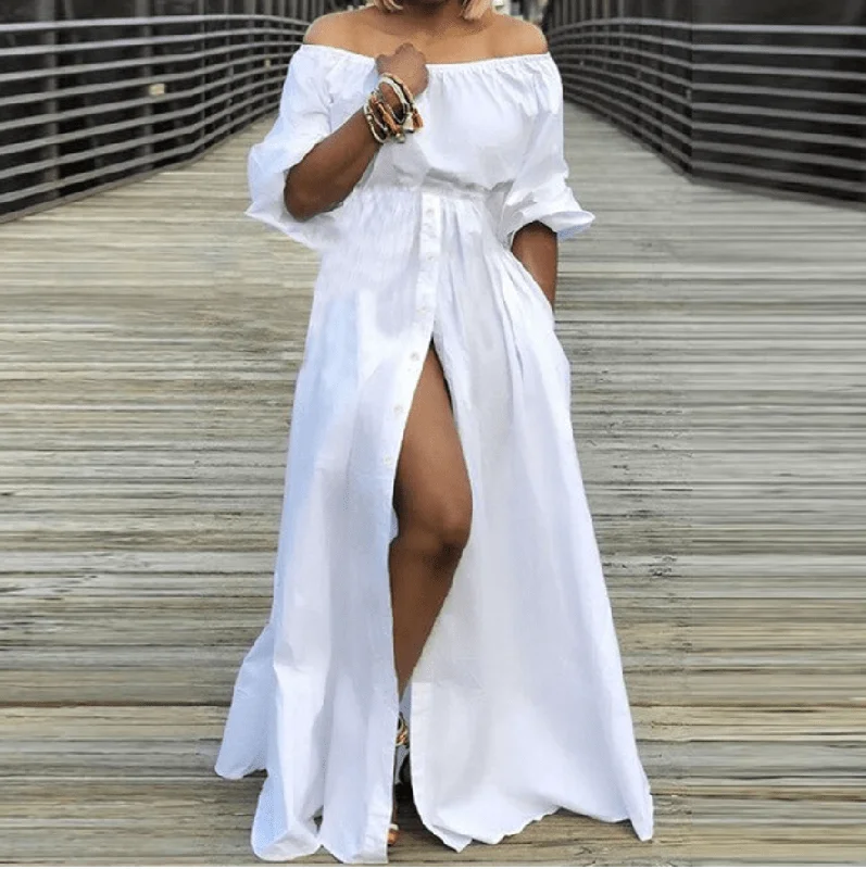 Off Shoulder High Split Maxi Dress Fashionable Chiffon Tiered Maxi Dress