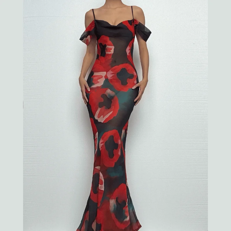 Off shoulder see through chiffon print maxi dress Elegant Maxi Dress with Ruffles