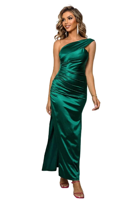 One-Shoulder Ruched Green Maxi Dress Trendy Maxi Dress with Belt