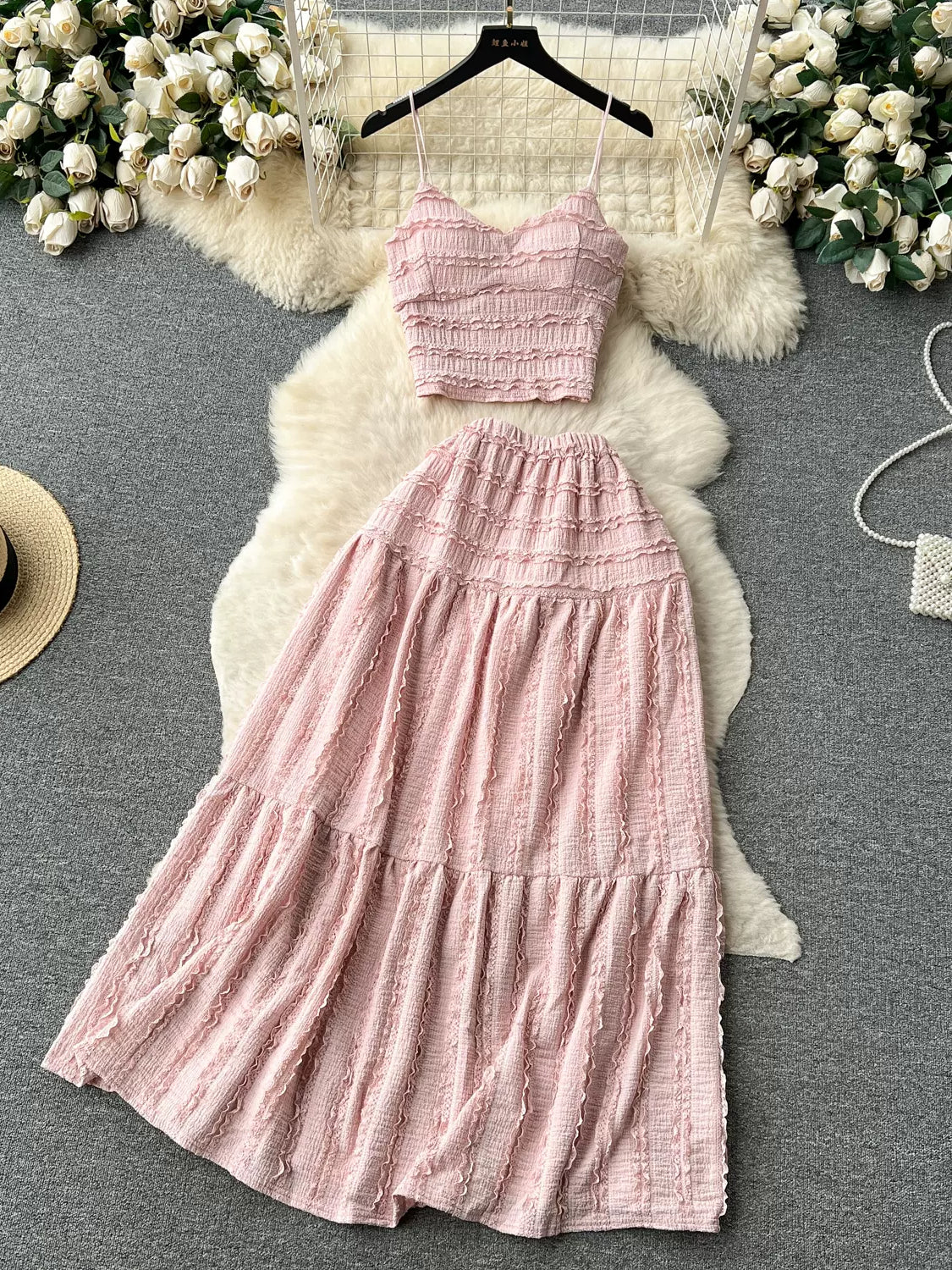 Pastel Pink Pleated Two-Piece Maxi Dress Fashionable Asymmetrical Maxi Dress
