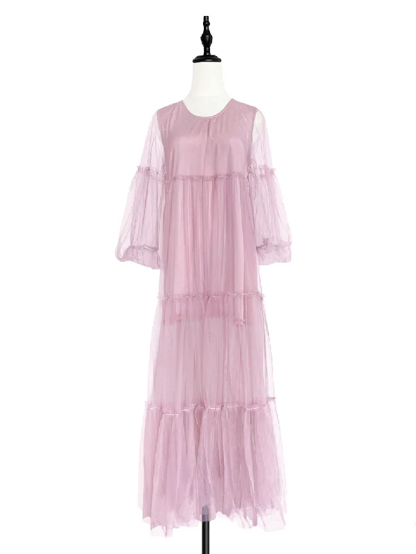 Surprise Sale! Pinky Balloon Sleeve Tiered Ruffle Tulle Maxi Dress Classic V-Neck Maxi Dress