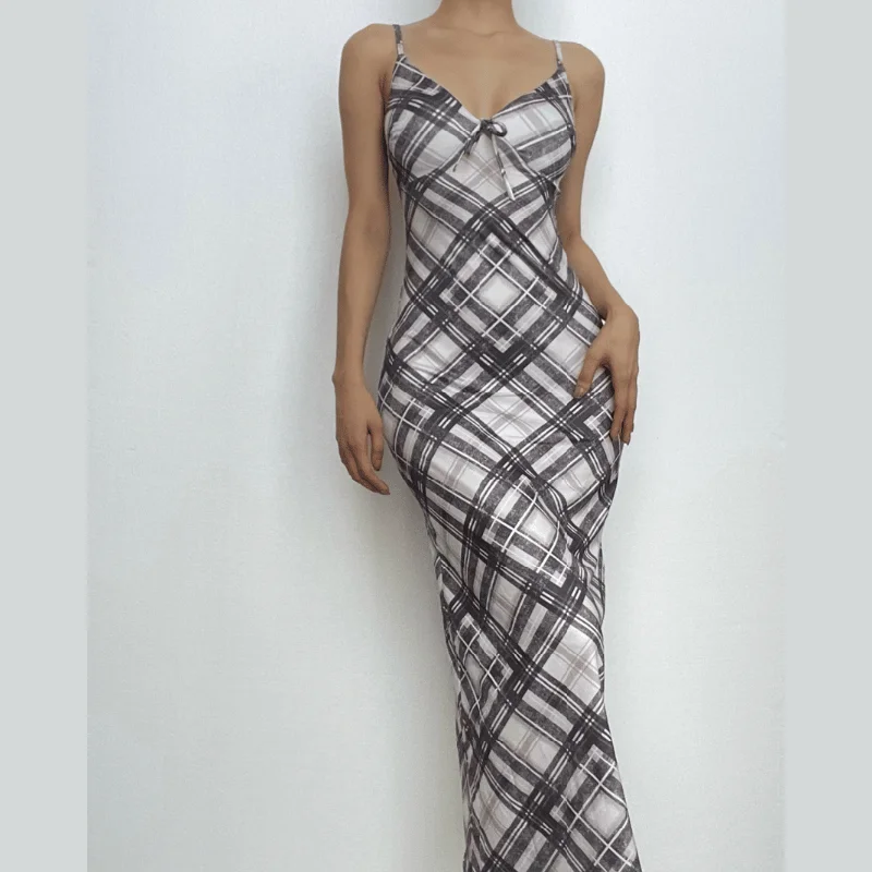 Plaid contrast v neck backless cami maxi dress Cozy Longline Maxi Dress