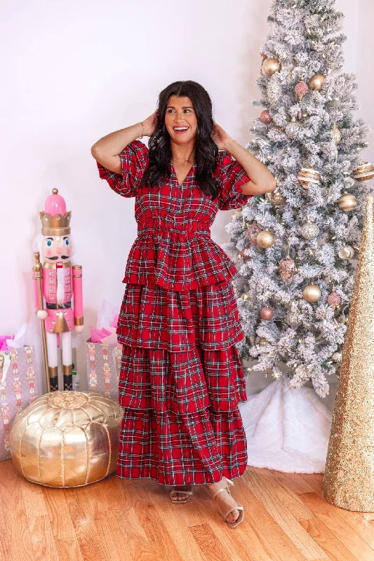 Plaid Holidays Red Maxi Dress Trendy Satin Maxi Dress
