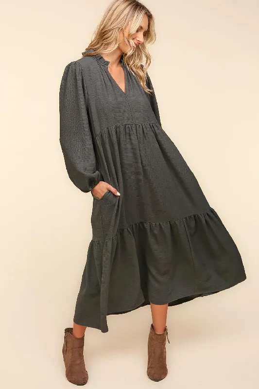 PLUS ASH BABYDOLL WOVEN MAXI DRESS WITH SIDE POCKETS Elegant Velvet Maxi Dress