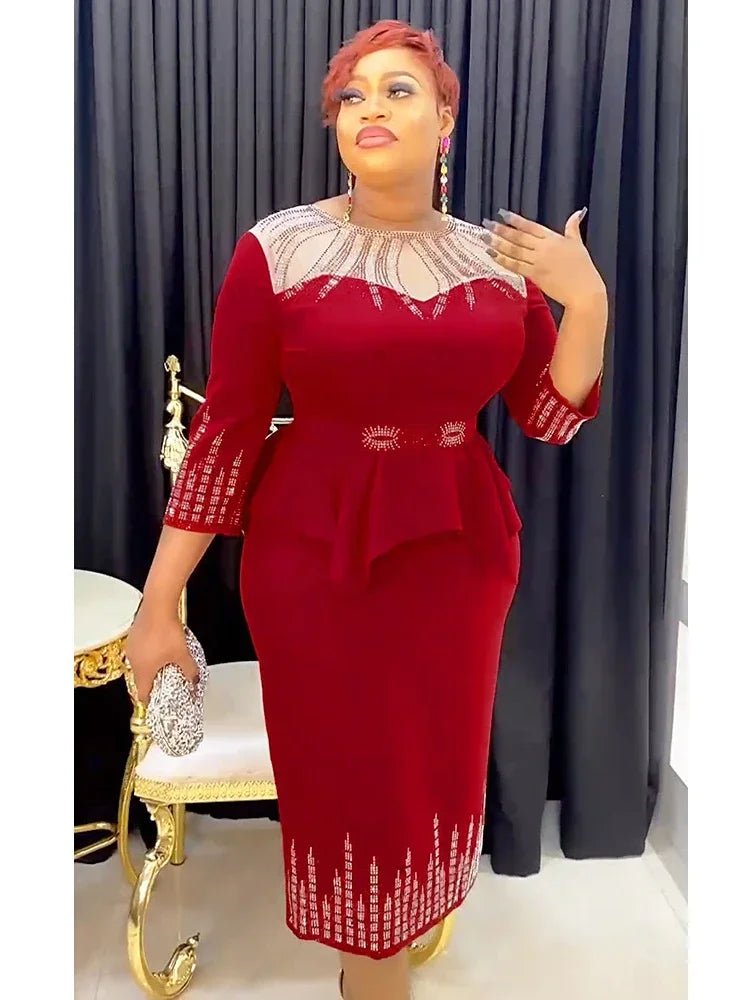 Plus Size African Bodycon Maxi Dress for Women – 3/4 Sleeve Polyester Evening Gown Elegant Maxi Dress with Pockets