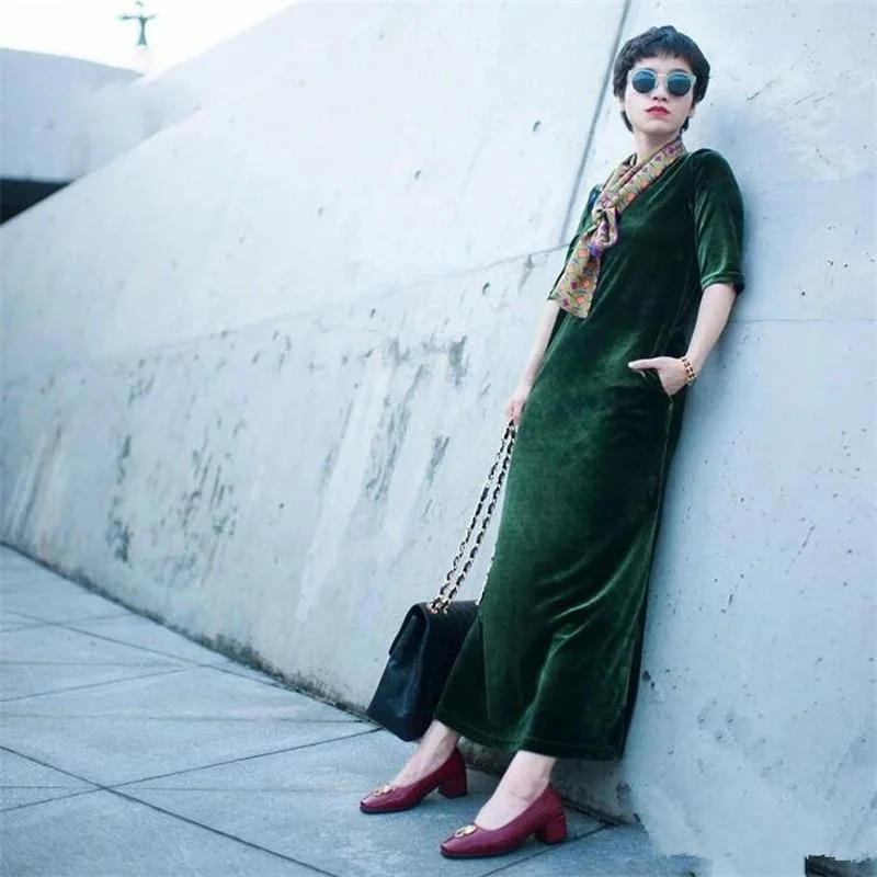 Plus Size Velvet Maxi Dress Classic Solid Maxi Dress