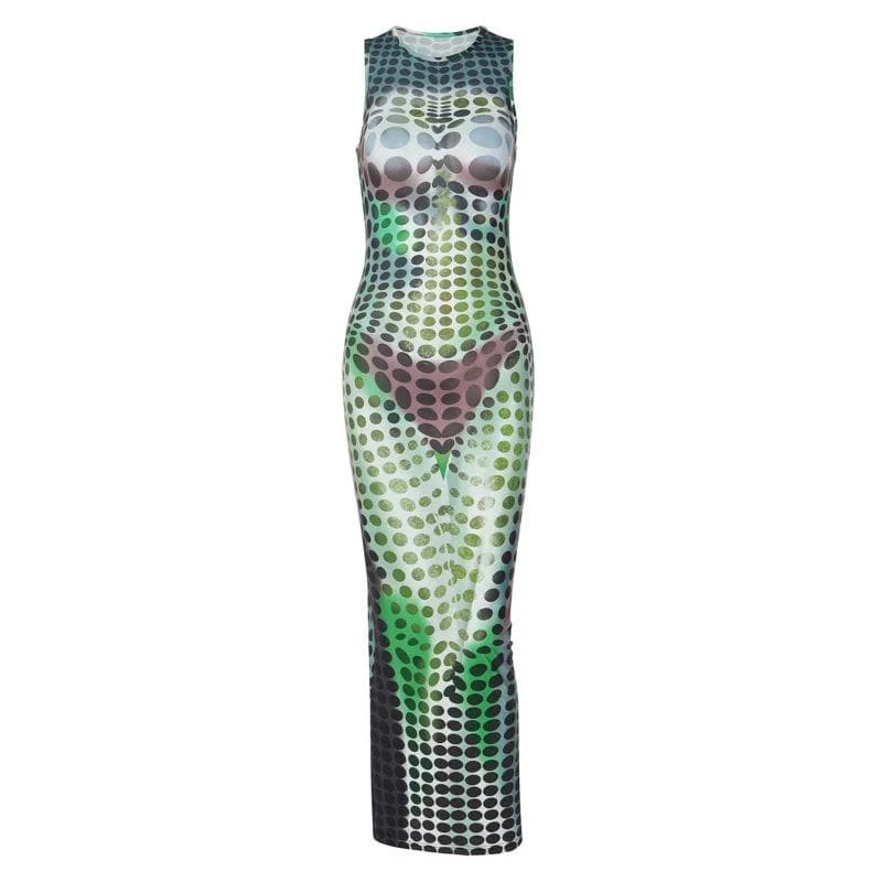 Polka dot contrast sleeveless crewneck maxi dress Casual Maxi Dress with Pockets