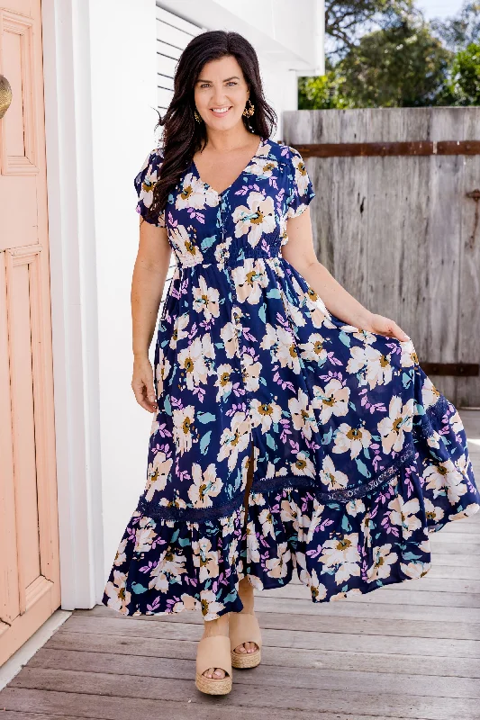 Milly Navy Floral Maxi Dress Fashionable Asymmetrical Maxi Dress