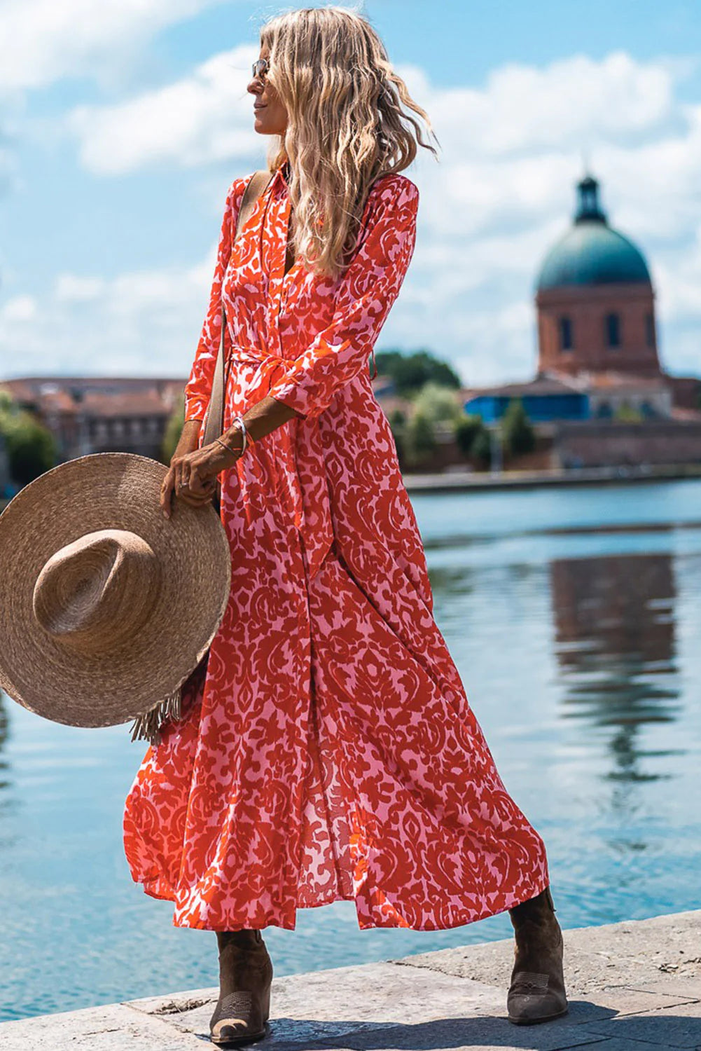 Western Vibes Stylish Red Print Tie Waist Maxi Dress Elegant Tiered Maxi Dress