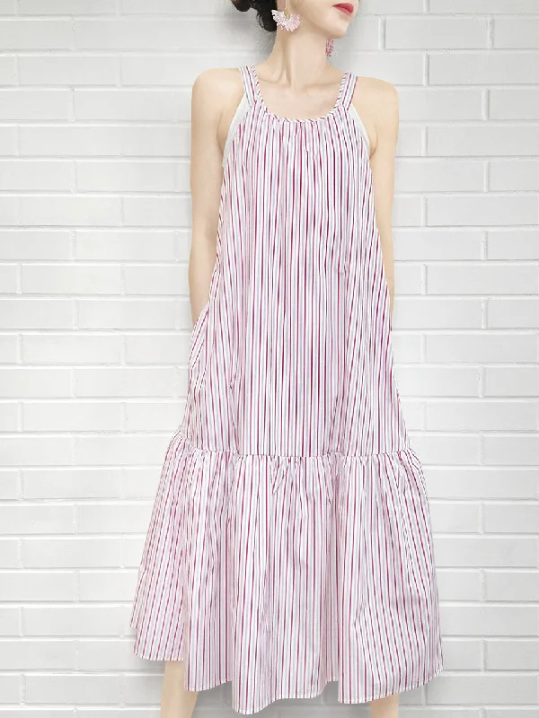 Surprise Sale! Red Striped Cotton Halter Neck Cross-back Maxi Dress Chic Summer Maxi Dress Surprise Sale! Red Striped Cotton Halter Neck Cross-back Maxi Dress Chic Summer Maxi Dress