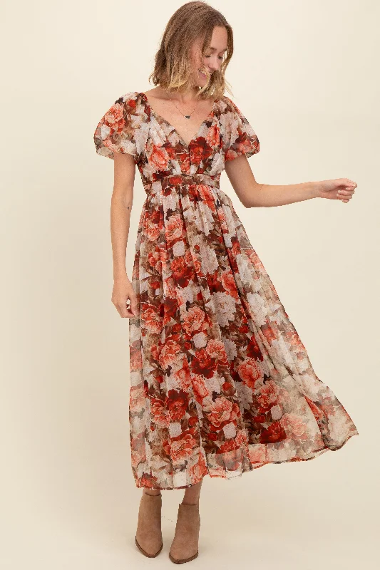 Rust Floral Puff Sleeve Maxi Dress Classic Black Maxi Dress