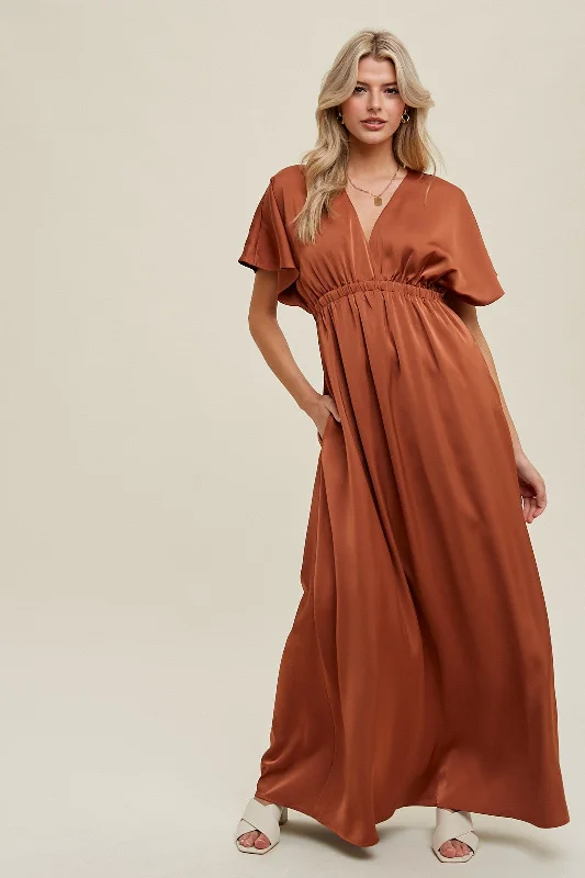 Rust Satin V-Neck Flutter Short Sleeve Maxi Dress Stylish Off-Shoulder Maxi Dress
