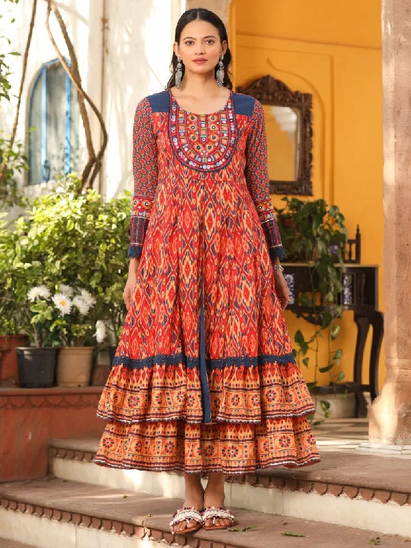 Women Ikat Printed & Embroidered Rust Cotton Voile Layered Maxi Dress Stylish Empire Waist Maxi Dress