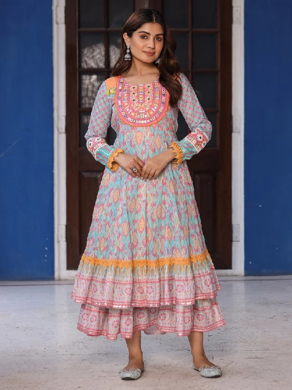 Women Ikat Printed & Embroidered Sky Blue Cotton Voile Layered Maxi Dress Fashionable Asymmetrical Maxi Dress