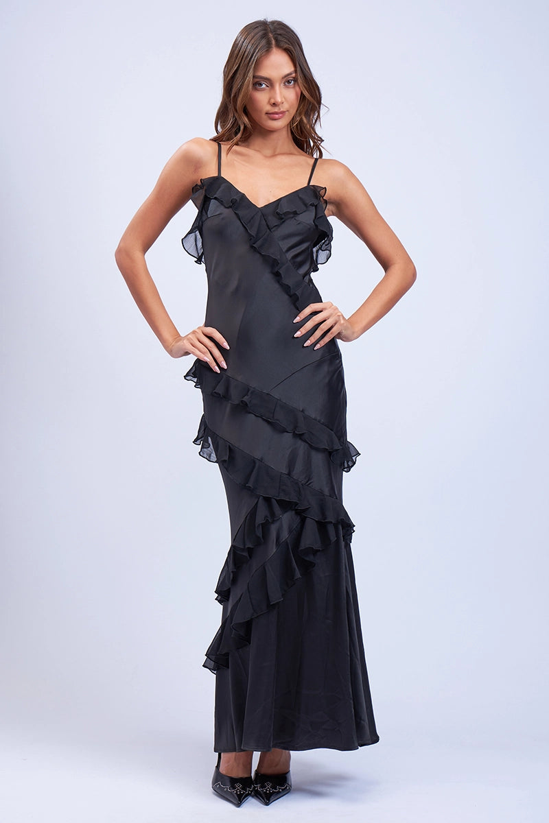 Satin Ruffle Trim Maxi Dress Fashionable Chiffon Maxi Dress