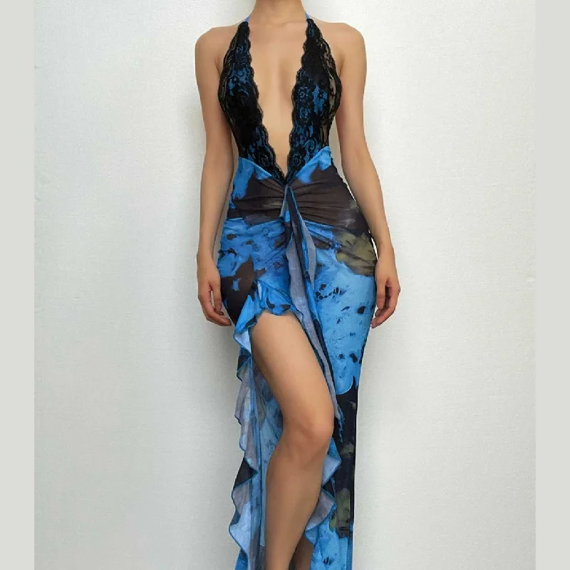 Self tie halter lace hem irregular backless contrast maxi dress Chic Sleeveless Maxi Dress Self tie halter lace hem irregular backless contrast maxi dress Chic Sleeveless Maxi Dress