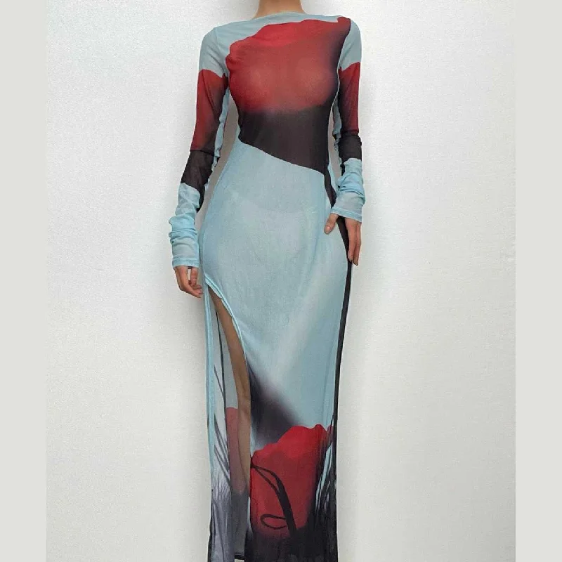 Sheer mesh see through abstract contrast long sleeve slit maxi dress Elegant Tiered Maxi Dress