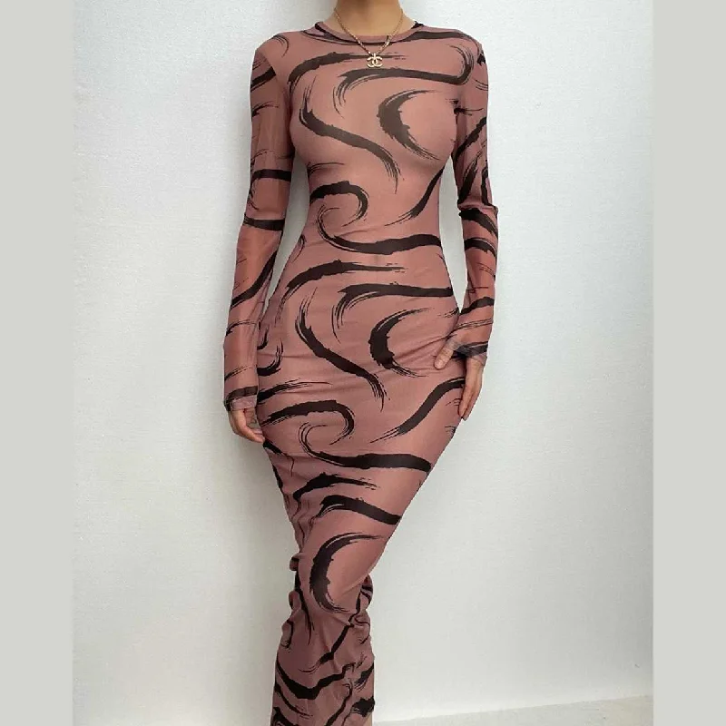 Sheer mesh see through long sleeve contrast print maxi dress Fashionable Maxi Dress with Fringe