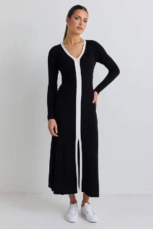 Spree Black and White V Neck Rib Knit Maxi Dress Trendy Maxi Dress with Lace