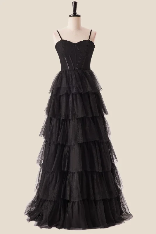 Straps Black Tiered Ruffles Long Maxi Dress Trendy Short Sleeve Maxi Dress