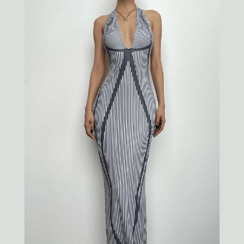 Striped contrast v neck halter backless sleeveless maxi dress Stylish Empire Waist Maxi Dress Striped contrast v neck halter backless sleeveless maxi dress Stylish Empire Waist Maxi Dress