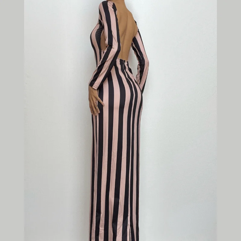 Striped print backless long sleeve contrast round neck maxi dress Cozy Knit Maxi Dress Striped print backless long sleeve contrast round neck maxi dress Cozy Knit Maxi Dress