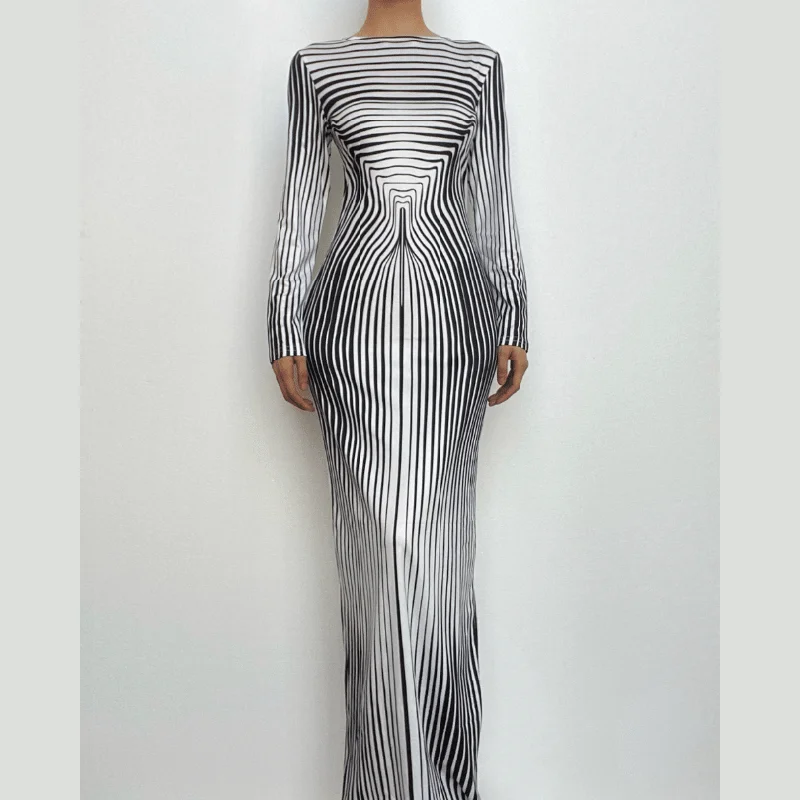 Striped print long sleeve crewneck contrast maxi dress Elegant Sleeveless Maxi Dress