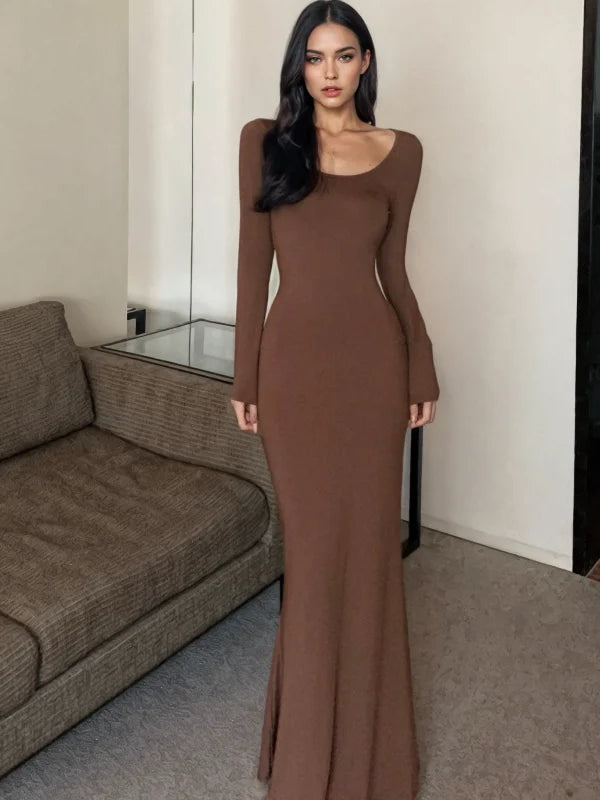 Subtle Curve-Enhancing Long-Sleeve Brown Maxi Dress Cozy Ruffle Sleeve Maxi Dress
