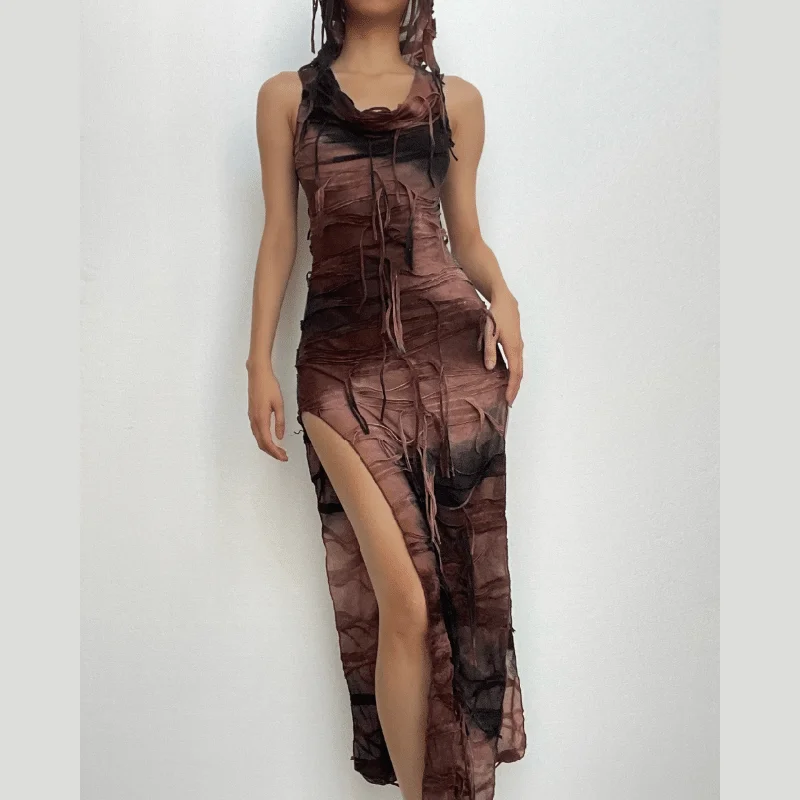 Textured tie dye slit hoodie sleeveless contrast maxi dress Cozy Wrap Maxi Dress