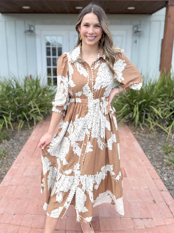 The Johnny Floral Scalloped Long Sleeve Maxi Dress-Camel Trendy V-Neck Maxi Dress