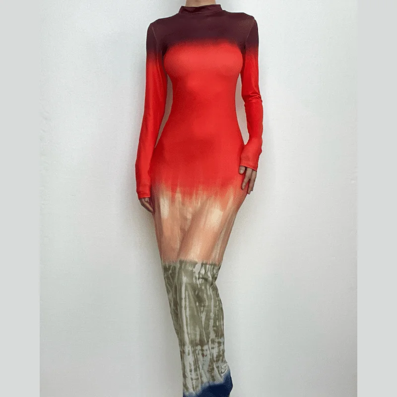 Tie dye print long sleeve high neck contrast maxi dress Comfortable Bohemian Maxi Dress