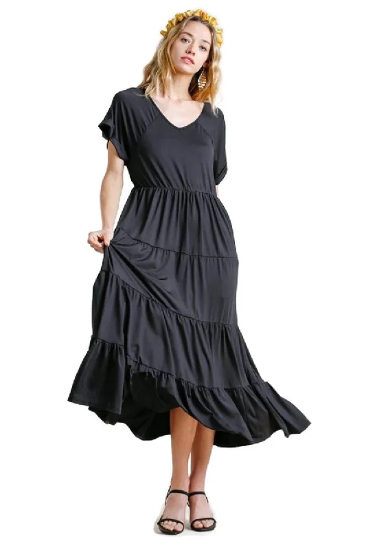 Tiered V-Neck Maxi Dress, Black Fashionable Layered Maxi Dress