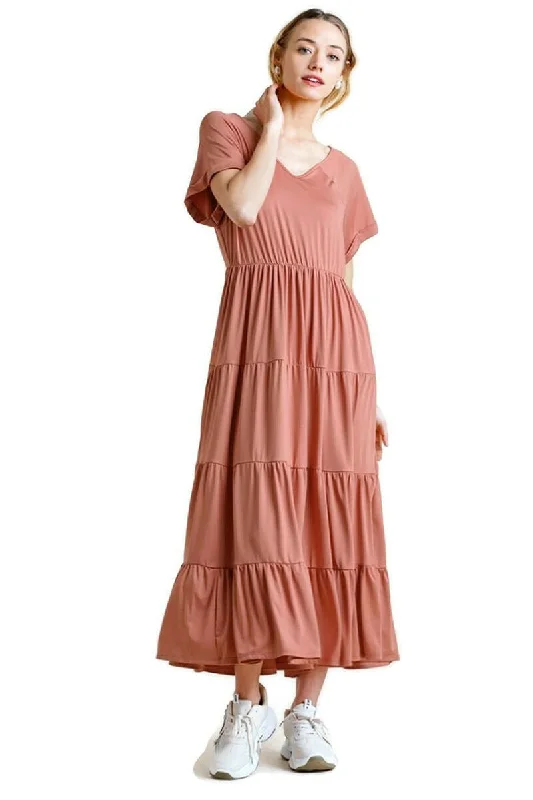 Tiered V-Neck Maxi Dress, Clay Stylish Boho Chic Maxi Dress