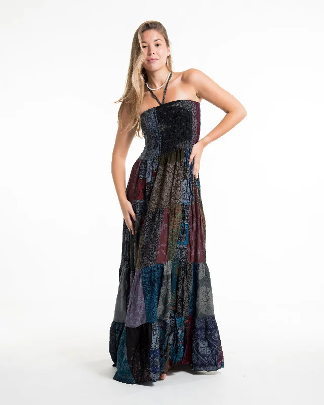 Upcycled Patchwork Multi Print Maxi Dress in Gray Cozy Cold-Shoulder Maxi Dress