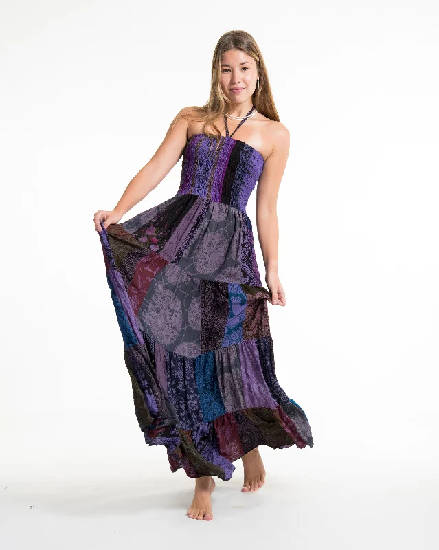 Upcycled Patchwork Multi Print Maxi Dress in Purple Stylish Boho Chic Maxi Dress