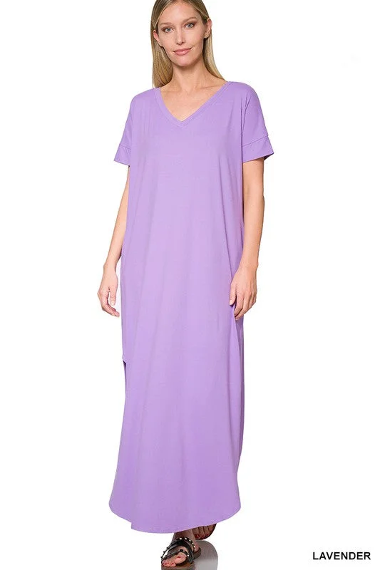 V-Neck Maxi Dress w/Pockets Stylish Maxi Dress with Pleats