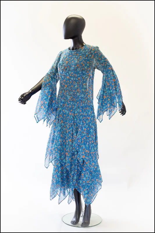 Vintage 1970s Blue Cotton Voile Maxi Dress Comfortable Bohemian Maxi Dress