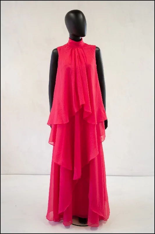 Vintage 1970s Pink Chiffon Maxi Dress Fashionable Faux Wrap Maxi Dress