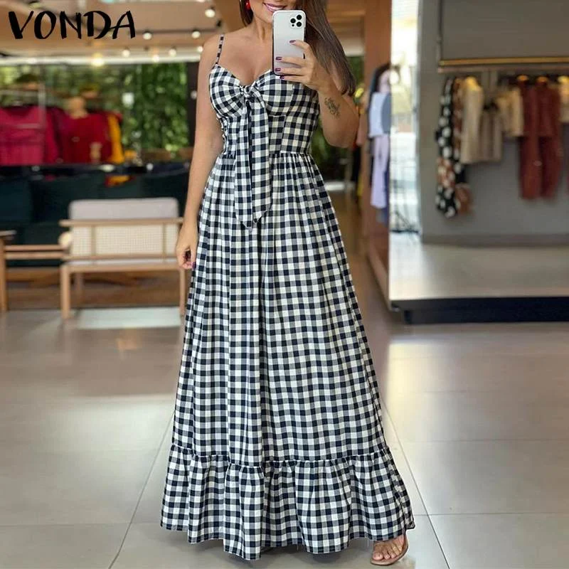 Vintage Style Plaid Beach Maxi Dress Elegant Boho Maxi Dress